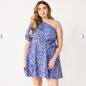 Nine West One Shoulder Asymmetrical Fit & Flare Mini Dress Blue 2/3X Plus NWT